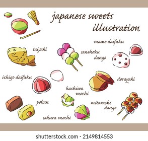 Hand-drawn illustration set of various Japanese sweets