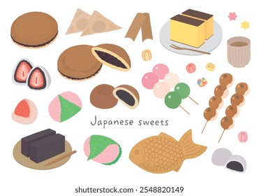 Conjunto de ilustración dibujado a mano de varios dulces japoneses