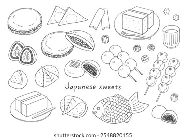 Conjunto de ilustración dibujado a mano de varios dulces japoneses