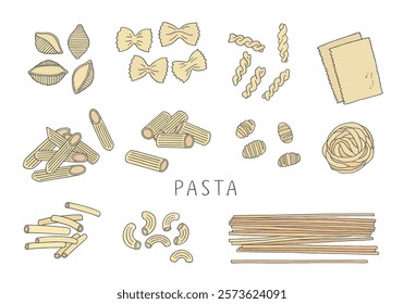 Hand-drawn illustration set of various pasta and macaroni