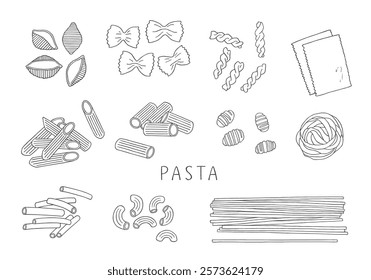 Hand-drawn illustration set of various pasta and macaroni