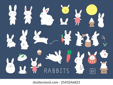 Hand-drawn illustration set of various rabbits