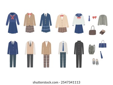 Hand-drawn illustration set of various school uniforms