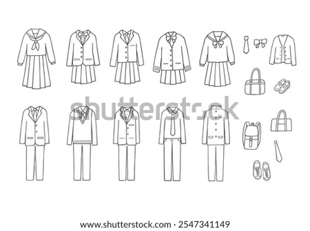 Hand-drawn illustration set of various school uniforms