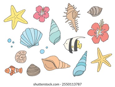 Conjunto de ilustração desenhado à mão de várias conchas do mar