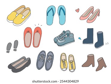 Hand-drawn illustration set of various shoes