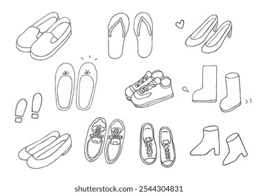 Hand-drawn illustration set of various shoes