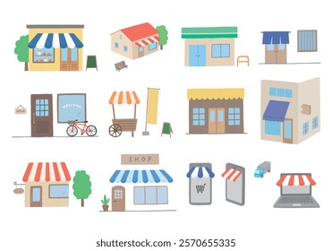 Hand-drawn illustration set of various shops
