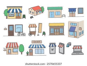 Hand-drawn illustration set of various shops