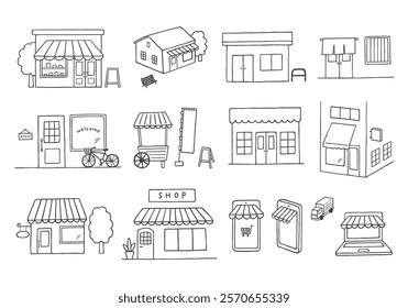 Hand-drawn illustration set of various shops