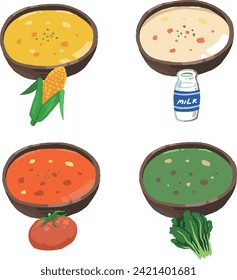 Hand-drawn illustration set of various soups and materials