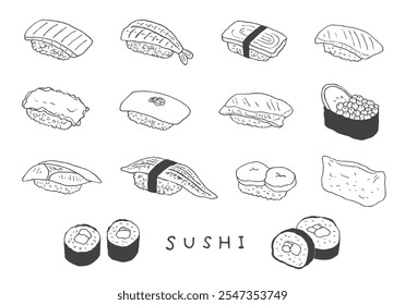 Handgezeichnete Illustration von verschiedenen Sushi