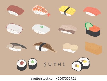 Conjunto de ilustrações desenhado à mão de vários sushi