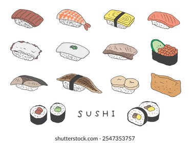 Conjunto de ilustrações desenhado à mão de vários sushi