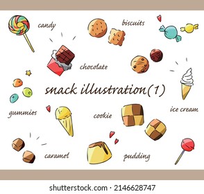 Hand-drawn illustration set of various sweets and snacks