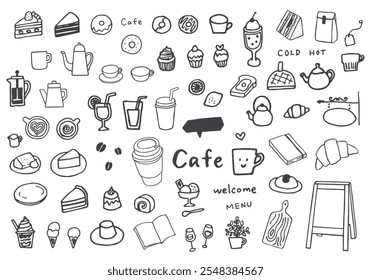 Conjunto de ilustración dibujado a mano de varios dulces y bebidas