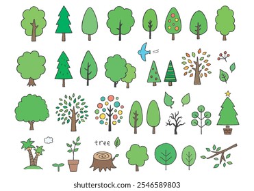 Hand-drawn illustration set of various trees