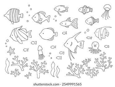 Conjunto de ilustración dibujado a mano de varios peces tropicales y corales