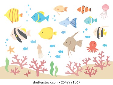 Hand-drawn illustration set of various tropical fish and corals