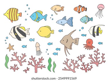 Hand-drawn illustration set of various tropical fish and corals