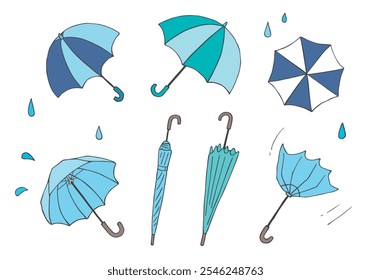 Hand-drawn illustration set of various umbrellas