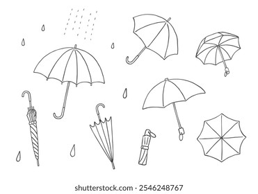 Hand-drawn illustration set of various umbrellas