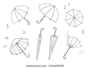 Hand-drawn illustration set of various umbrellas