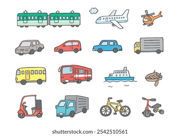 Hand-drawn illustration set of various vehicles