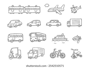 Hand-drawn illustration set of various vehicles