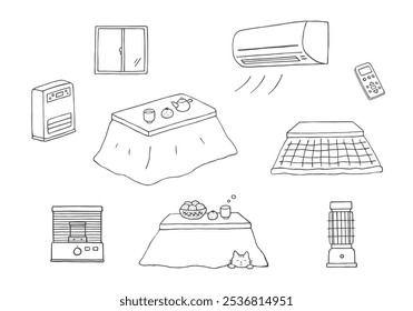 Conjunto de ilustración dibujado a mano de equipos de calefacción de invierno y kotatsu