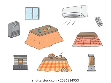 ilustração desenhada à mão conjunto de equipamentos de aquecimento de inverno e kotatsu