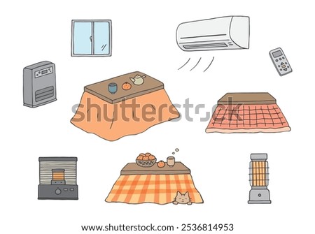 Hand-drawn illustration set of winter heating equipment and kotatsu