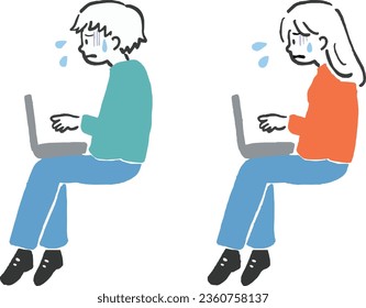  Hand-drawn illustration set of woman and man having trouble with computer (full body)