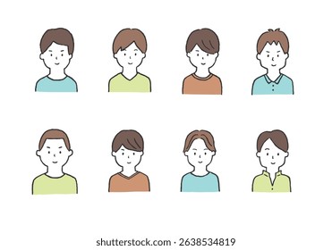 Hand-drawn illustration set of young men, upper body