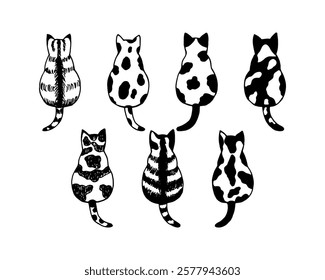 Hand-drawn illustration of seven cats sitting with their backs turned. Black and white stylized feline drawings with various fur patterns and markings. Animal art for design and print.