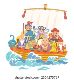 Hand-drawn illustration of the Seven Gods of Good Luck and the Chinese Zodiac on a treasure ship