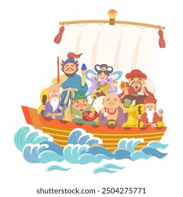 Hand-drawn illustration of the Seven Gods of Good Fortune riding on a treasure ship