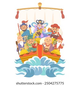 Hand-drawn illustration of the Seven Gods of Good Fortune riding on a treasure ship