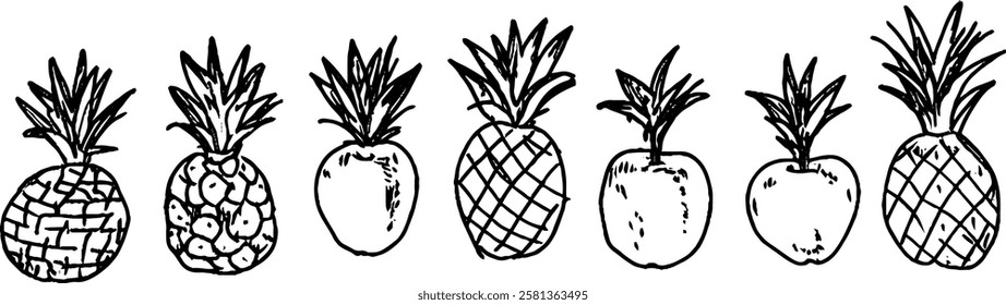 A hand-drawn illustration of seven pineapples in various styles, showcasing different shapes and textures. The design is simple and monochromatic, emphasizing the unique features of each pineapple.