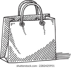 A hand-drawn illustration of a shopping bag with two looped handles. The bag features diagonal shading, conveying a simple, artistic style.