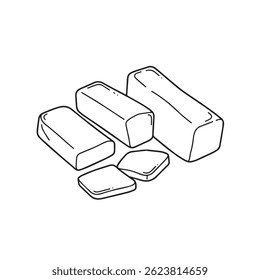 A hand-drawn illustration showcases various sizes of butter sticks and cubes, ideal for culinary or dairy-related content.