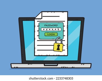 A hand-drawn illustration showing a laptop and a document with locked access. The document is protected by the password needed to open it.