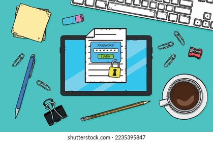 A hand-drawn illustration showing a tablet and a document with locked access. The document is protected by the password needed to open it.