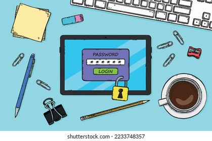 A hand-drawn illustration showing a tablet with locked access lying on an office desk. Access is protected by the password needed to open it.