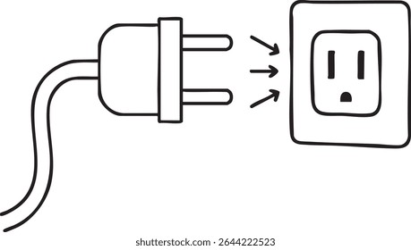 Uma ilustração desenhada à mão mostra um plugue com três pinos prestes a serem inseridos em uma tomada elétrica.