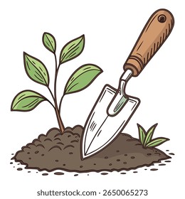 A hand-drawn illustration shows a small plant growing from the soil with a trowel stuck beside it.