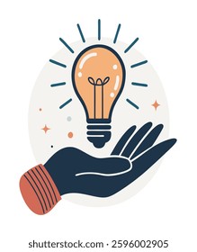 hand-drawn illustration, silhouette, , light bulb icon, open palm, idea concept, minimalist design, , innovation symbol, creativity graphic, flat vector style, clean lines, simplified shapes, iconogra