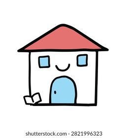A hand-drawn illustration of a simple house with a red roof, a blue door, and a smiling face, including a small book nearby.