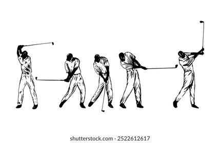 Hand-drawn illustration, in simple lines, of a sequence of a golf player executing a shot.