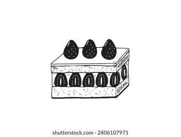 Hand-drawn illustration of a simple and stylish square strawberry cake